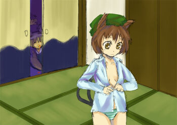 2girls animal_ears bad_id bad_pixiv_id blonde_hair blood bz_(pixiv) cat_ears cat_girl cat_tail chen female_focus fox_ears fox_tail gap_(touhou) hat kokonoe_shuu loli multiple_girls nosebleed open_clothes open_shirt panties shirt short_hair striped_clothes striped_panties tail touhou underwear yakumo_ran yakumo_yukari