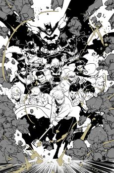 3girls 6+boys absolutely_everyone animal_print barbara_gordon bat_print batgirl batman_(series) belt brick_wall bruce_wayne cape cassandra_cain character_request commentary cowl damian_wayne dc_comics dick_grayson domino_mask english_commentary everyone eye_mask facing_viewer greyscale gun hammer highres hood hood_up jason_todd kjlbs mask monochrome multiple_boys multiple_girls nightwing official_art red_hood_(dc) robin_(dc) sledgehammer stephanie_brown utility_belt weapon western_comics_(style)