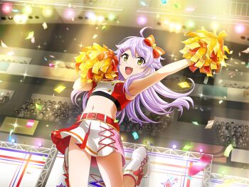 1girl ahoge arm_up armpits boots bow cheerleader crowd game_cg hair_bow hair_ornament hairclip holding holding_pom_poms jumping long_hair looking_at_viewer navel official_art open_mouth otonashi_ichie pom_pom_(cheerleading) pom_poms purple_hair red_bow shoujo_kageki_revue_starlight shoujo_kageki_revue_starlight_-re_live- skirt solo stage_lights stomach upper_body white_boots white_skirt yellow_eyes