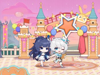 2girls belt blue_eyes blue_hair chibi closed_mouth dress earrings grey_hair hair_ornament highres holding holding_hands holding_map homu_(honkai_impact) honkai_(series) honkai_impact_3rd jewelry kiana_kaslana kiana_kaslana_(divine_prayer) kiana_kaslana_(sea_&amp;_breeze) long_hair long_sleeves looking_at_viewer map multiple_girls official_art open_mouth raiden_mei raiden_mei_(lightning_empress) raiden_mei_(ultramarine_octave) running shirt short_sleeves shorts thigh_strap