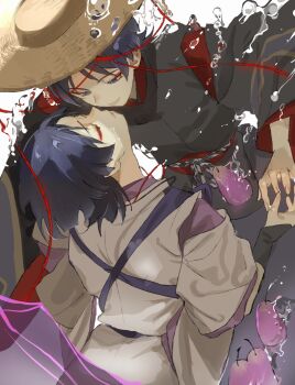 Rule 34 | 2boys, arm armor, back, belt, blue eyes, blue hair, bow, brown headwear, closed eyes, closed mouth, collared vest, commentary request, detached sleeves, fingernails, flying, food, fruit, genshin impact, grey belt, grey pants, grey vest, hair between eyes, hand up, hat, highres, jingasa, kuronushi (genshin impact), long fingernails, long sleeves, looking at another, looking down, looking up, mandarin collar, meameeea, multiple boys, multiple persona, pants, pear, plaid belt, plaid bow, plaid clothes, purple belt, purple bow, purple shirt, red belt, red bow, red shirt, scaramouche (genshin impact), scaramouche (kabukimono) (genshin impact), shirt, short hair, simple background, smile, standing, teeth, v-shaped eyebrows, vest, water, white background, wide sleeves, wing collar