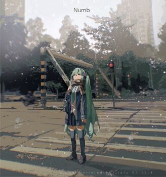 1girl aqua_eyes aqua_hair aqua_necktie aqua_trim artist_name bag black_bag black_jacket black_shoes black_thighhighs blue_skirt brown_scarf building car commentary crosswalk dated english_text hair_ornament hand_up hatsune_miku highres jacket jiatu legs_apart long_hair looking_up motor_vehicle necktie open_clothes open_jacket outdoors plaid_clothes plaid_scarf plaid_skirt pleated_skirt procreate_(medium) scarf shirt shoes shoulder_bag skirt snowing solo_focus standing symbol-only_commentary thighhighs traffic_light tree unfinished very_long_hair vocaloid white_shirt wide_shot