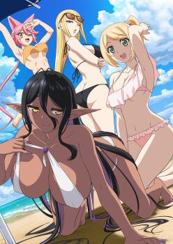 4girls :d absurdres all_fours animal_ear_piercing animal_ears antenna_hair armpits arms_under_breasts arms_up ass back beach beach_umbrella bikini bikini_pull bikini_top_pull black_bikini black_hair blonde_hair blue_eyes blue_sky breasts butt_crack cecile_(aiomodarkelf) chotto_dake_ai_ga_omoi_dark_elf_ga_isekai_kara_oikakete_kita closed_mouth clothes_pull cloud colored_inner_hair crossed_arms dark-skinned_female dark_skin dutch_angle elf frilled_bikini frills green_eyes hair_between_eyes hand_in_own_hair highres horizon jitome jumping key_visual kneeling large_breasts long_hair looking_at_viewer looking_back mariabelle_(chotto_dake_ai_ga_omoi_dark_elf_ga_isekai_kara_oikakete_kita) mei_(aiomodarkelf) mochida_sakura_(aiomodarkelf) mole mole_under_eye multicolored_hair multiple_girls navel official_art one_eye_closed open_mouth orange_bikini pink_bikini pink_hair pointy_ears ponytail promotional_art purple_hair purple_nails sand short_hair skindentation sky smile standing swimsuit tareme textless_version two-tone_hair umbrella underboob v very_long_hair water white_bikini yellow_eyes