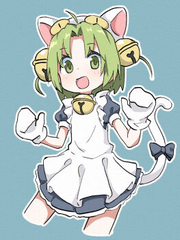 1girl animal_hat apron bell blush bow cat_hat cat_tail cropped_legs dejiko di_gi_charat dot_nose green_eyes green_hair hair_bell hair_ornament hat jingle_bell looking_at_viewer mittens open_mouth sagami_sagari short_hair solo tail tail_bow tail_ornament white_apron white_mittens