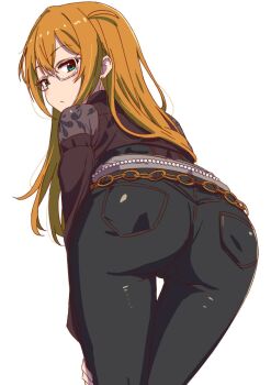1girl ass baba_konomi bent_over denim expressionless highres idolmaster idolmaster_million_live! jeans looking_at_viewer looking_back niwatorimushi pants simple_background tagme white_background