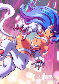 1girl animal_ears animal_hands ass blue_hair breasts cat_ears cat_girl cat_tail dark-skinned_female dark_skin darkstalkers fangs felicia_(darkstalkers) green_eyes large_breasts long_hair nakamanga tail teeth underboob very_long_hair white_fur