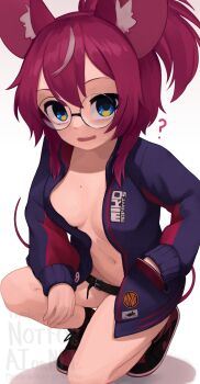 1girl ? animal_ear_fluff animal_ears belt blue_eyes blue_jacket borrowed_character breasts commentary commission english_commentary english_text full_body glasses hair_between_eyes hand_in_pocket highres jacket long_sleeves looking_at_viewer medium_breasts mole mole_on_breast mouse_ears mouse_girl mouse_tail naked_jacket navel no_pants open_mouth original ponytail red_hair round_eyewear shoes short_hair sneakers solo squatting tail watermark white_background yoako