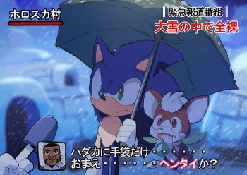3boys animal_nose aoki_(fumomo) chip_(sonic) eating floating furry furry_male green_eyes holding holding_umbrella igloo insect_wings interview meme microphone multiple_boys polka_dot polka_dot_umbrella shared_umbrella snow_shelter snowing sonic_(series) sonic_the_hedgehog sonic_unleashed special_feeling_(meme) standing translation_request umbrella wings