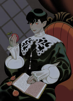 1boy absurdres black_hair black_tunic book chair fang fig food fruit highres holding holding_food holding_fruit jewelry lace lace_sleeves long_sleeves looking_at_viewer male_focus necklace open_book original pearl_necklace pointy_ears puffy_sleeve_cuffs red_eyes ring sarakipin tunic vampire window_shadow
