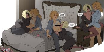 2girls \||/ abs arm_support backlighting bar_censor bare_shoulders bed bed_sheet black_coat black_necktie black_pants black_shoes blonde_hair blue_jacket blue_shirt bottomless bra bra_lift breast_sucking breasts brown_eyes brown_hair brown_pantyhose censored censored_nipples champagne_flute cleavage closed_eyes clothes_lift coat collared_jacket collared_shirt compact_(cosmetics) cookie_run cookie_run:_ovenbreak cosmetics croissant_cookie croissant_cookie_(director_of_the_tbd) cup dark-skinned_female dark_skin denim denim_jacket dice drill_hair drill_ponytail drinking_glass eye_contact eyepatch glass grey_bra hair_intakes hat high_heels highres holding holding_cup humanization indoors jacket jeans jitome juliet_sleeves kneepits korean_text lamp large_breasts long_sleeves looking_at_another low_ponytail medium_hair multicolored_hair multiple_girls multiple_views navel necktie nightstand nipples official_alternate_hair_length official_alternate_hairstyle ohta_guk_hip on_bed one_eye_covered open_clothes open_jacket pants pantyhose parted_bangs pillow ponytail profile puffy_sleeves pulling_another&#039;s_clothes scar scar_across_eye scar_on_face selfcest shirt shoes short_hair sitting sky small_breasts standing stomach streaked_hair sweat thick_eyebrows three-quarter_sleeves tiara timekeeper_cookie timekeeper_cookie_(ruler_of_the_ephemeral_flow) toned toned_female translation_request u_u underwear unworn_hat unworn_headwear white_sky window yuri