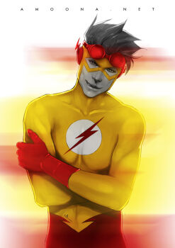1boy amoona artist_name bodysuit crossed_arms dc_comics freckles gloves goggles goggles_on_head head_tilt kid_flash lightning_bolt_symbol male_focus mask motion_blur red_gloves solo spot_color upper_body wally_west young_justice young_justice:_invasion