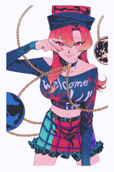 1girl bare_shoulders black_shirt breasts chain choker collarbone commentary earth_(ornament) frills hand_up hecatia_lapislazuli highres large_breasts long_hair long_sleeves looking_at_viewer midriff moon_(ornament) multicolored_skirt nail_polish navel off-shoulder_shirt off_shoulder plaid_clothes plaid_skirt raya_(uk_0128) red_eyes red_hair red_nails shirt skirt smile solo thighs tongue tongue_out touhou twitter_username underworld_(ornament) white_background