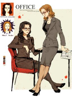 2girls american_psycho asymmetrical_bangs black_hair black_shirt black_shoes blank_stare blonde_hair breasts brown_jacket brown_skirt buttons chair character_name cleavage collarbone color_guide commentary crossed_ankles double-breasted earrings english_commentary english_text eyelashes fingernails formal_clothes frown full_body genderswap genderswap_(mtf) glasses grey_background grey_jacket grey_skirt grin hair_over_shoulder hair_slicked_back hands_on_table high_heels highres holding holding_pen jacket jewelry lapels leaning_on_table long_hair looking_at_another medium_breasts medium_hair multiple_girls nadamxd_0o0 office_lady on_chair pantyhose paper patrick_bateman paul_allen_(american_psycho) peaked_lapels pen pencil_skirt pinstripe_jacket pinstripe_pattern pinstripe_skirt portrait red-framed_eyewear red_lips shirt shoes sitting skirt skirt_suit smile straight-on suit suit_jacket table wavy_hair white_background