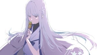 1girl blue_archive blue_bow blue_bowtie bow bowtie chiriejjiyo expressionless food grey_eyes hair_ornament haori highres holding holding_food japanese_clothes long_hair looking_ahead nagusa_(blue_archive) shirt simple_background sketch snowflake_hair_ornament solo upper_body white_background white_hair white_shirt