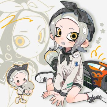 1girl :o black_bow black_hairband black_shorts boots bow bow_hairband chibi chibi_inset commentary cross-laced_footwear dot_nose full_body grey_hair grey_trim hair_bow hairband hg_swdiary highres looking_at_viewer medium_hair nintendo octoling octoling_girl octoling_player_character octopus range_blaster_(splatoon) shirt short_shorts shorts sitting splatoon_(series) splatoon_3 symbol-only_commentary tentacle_hair wariza white_background white_footwear white_shirt yellow_eyes zoom_layer