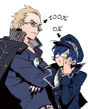 1boy 1girl adjusting_eyewear ahoge arrow_(symbol) belt black_jacket blonde_hair blue-framed_eyewear blue_coat blue_eyes blue_hair blue_hat brown_belt bullet_necklace buttons closed_mouth coat comparison crossed_arms double-breasted earclip forehead frown glasses grey-framed_eyewear hair_between_eyes hat hat_belt highres jacket jacket_on_shoulders lisiduomuli long_sleeves looking_at_viewer neck_ribbon parted_lips peaked_cap percentage persona persona_4 purple_ribbon ribbon shirogane_naoto shirt short_hair simple_background t-shirt tatsumi_kanji upper_body very_short_hair white_background white_shirt