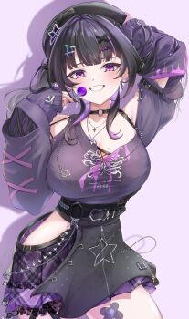 1girl absurdres beret black_hair black_nails blush breasts candy cleavage clothing_cutout commentary_request cowboy_shot earrings food grin hand_on_own_head hat highres hip_vent holding holding_candy holding_food holding_lollipop jewelry kurorufu_2105 large_breasts lollipop looking_at_viewer mole mole_on_breast nijisanji purple_background purple_eyes purple_hair senri_ayumu shoulder_cutout simple_background sleeves_past_wrists smile solo virtual_youtuber