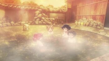 4girls animated anime_screenshot arato_nagi back black_hair blonde_hair breasts brown_hair closed_eyes collarbone completely_nude double_bun earrings floating_breasts glasses hair_bun highres imari_youko jewelry large_breasts long_hair multiple_girls nude onsen partially_submerged ponytail red_hair ruri_no_houseki same-sex_bathing seto_shouko shared_bathing short_hair shoulder_blades small_breasts sound steam tagme tanigawa_ruri video water