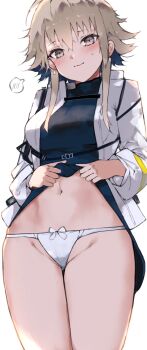 1girl arknights blush breasts brown_eyes brown_hair closed_mouth commentary_request highres kyuu_(plastic_night_q) lifting_own_clothes long_sleeves looking_at_viewer mayer_(arknights) medium_breasts medium_hair navel panties sidelocks simple_background smile solo spoken_blush standing stomach thighs underwear white_background white_panties