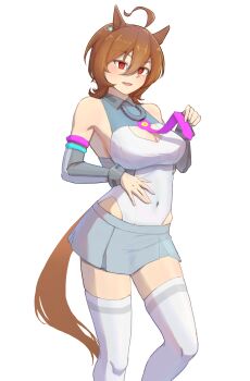 Rule 34 | 1girl, absurdres, agnes tachyon (umamusume), ahoge, animal ears, bare shoulders, breasts, brown hair, brown tail, cleavage, clothes grab, clothing cutout, commentary request, cosplay, covered navel, detached sleeves, feet out of frame, grey skirt, hair between eyes, highres, hip vent, horse ears, horse girl, horse tail, huge ahoge, lanceda, large breasts, leotard, leotard under clothes, mihono bourbon (mb-19890425) (umamusume), mihono bourbon (umamusume), mihono bourbon (umamusume) (cosplay), miniskirt, necktie, necktie grab, neckwear grab, open mouth, pink necktie, red eyes, short hair, simple background, skindentation, skirt, sleeveless, smile, solo, standing, tail, thighhighs, thighs, transparent background, umamusume, white leotard, white thighhighs