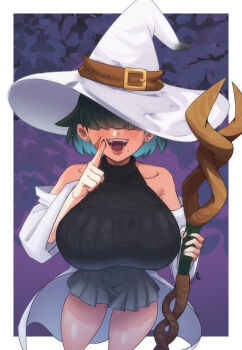 1girl armpit_crease black_skirt black_sweater blush breasts commission ear_piercing eyebrows_hidden_by_hair fangs finger_to_cheek green_hair hair_over_eyes hat hat_belt highres holding holding_staff huge_breasts jacket konaloid lips looking_at_viewer mole mole_under_mouth open_mouth original piercing scar scar_on_face short_hair skirt smile solo staff sweater teeth white_hat white_jacket witch witch_hat