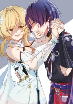 Rule 34 | 1boy, 1girl, anger vein, aqua trim, arm cutout, armor, armpit crease, bare shoulders, black corset, black hair, black kimono, black sleeves, blonde hair, blunt ends, breasts, cleavage, closed eyes, clothing cutout, colored tips, commentary request, corset, detached sleeves, dress, eyelashes, facing another, false smile, feather hair ornament, feathers, fingernails, flower, furisode, furrowed brow, genshin impact, gradient hair, hair flower, hair ornament, halterneck, hand on another's back, hand on another's face, hand up, hands up, highres, holding hands, interlocked fingers, iwoarazumi129, japanese armor, japanese clothes, juban, kimono, kote, kurokote, looking at another, lumine (genshin impact), multicolored hair, o-ring, open clothes, open kimono, open mouth, partially shaded face, purple hair, purple rope, purple sash, red kimono, red sash, rope, sash, scaramouche (genshin impact), scarf, shimenawa, short hair, short hair with long locks, short sleeves, sidelocks, small breasts, smile, swept bangs, tassel, vambraces, white background, white dress, white feathers, white flower, white kimono, white rope, white scarf, white sleeves, yellow eyes