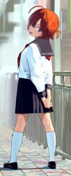 Rule 34 | 1girl, ahoge, arms behind back, black sailor collar, black skirt, blush, from behind, hair between eyes, half updo, highres, kneehighs, loafers, long sleeves, looking at viewer, looking back, original, outdoors, pleated skirt, red hair, sailor collar, school uniform, shirt, shoes, short hair, skirt, smile, socks, solo, some1else45, standing, tongue, tongue out, white shirt, white socks
