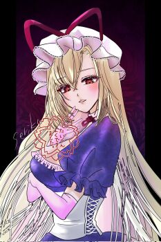 Rule 34 | 1girl, blonde hair, commentary request, corset, elbow gloves, from side, gloves, hat, highres, long hair, looking at viewer, mob cap, purple background, purple eyes, purple gloves, shigure. (tennensui), solo, touhou, very long hair, white cap, white corset, yakumo yukari