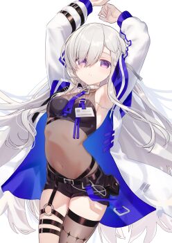 1girl absurdres armpits arms_up bandeau bare_shoulders belt black_bandeau black_shorts braid breasts brown_thighhighs choker commission covered_navel cowboy_shot highres hiraga_matsuri jacket long_hair long_sleeves looking_at_viewer open_clothes open_jacket original parted_bangs purple_eyes short_shorts shorts single_thighhigh skeb_commission small_breasts solo strapless thigh_strap thighhighs thighs tube_top very_long_hair white_choker white_hair white_jacket