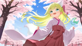 Rule 34 | 1girl, :d, animal ears, aqua eyes, bemani, blonde hair, bow, cherry blossoms, chrorhc, commentary, extra ears, falling petals, floating hair, fox ears, fox girl, fox tail, hair bow, hakama, hakama skirt, highres, japanese clothes, kimono, long hair, long sleeves, open mouth, outdoors, petals, pink bow, red hakama, skirt, sleeves past wrists, smile, sobani sakurako, solo, sound voltex, symbol-only commentary, tail, tree, white kimono, wide sleeves