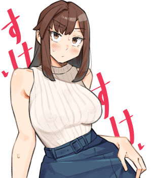 1girl belt belt_skirt blush breasts brown_eyes brown_hair commentary_request covered_erect_nipples highres kotobuki_hisako large_breasts long_hair ribbed_sweater sattinittas see-through_clothes seitokai_ni_mo_ana_wa_aru! sleeveless solo sweat sweater white_background