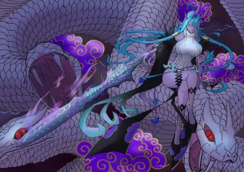 Rule 34 | 1girl, absurdres, animal, blue hair, colored skin, commentary request, crossed legs, eagle kagura, fate/grand order, fate (series), giant snake, highres, holding, holding sword, holding weapon, horns, ibuki douji (fate), ibuki douji (second ascension) (fate), oversized animal, pointy ears, purple skin, ribbed sweater, sitting, snake, sweater, sword, turtleneck, turtleneck sweater, weapon