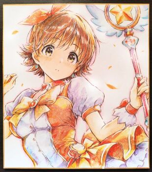 1girl :o brown_eyes brown_hair dress hair_ribbon holding holding_staff honda_mio idolmaster idolmaster_cinderella_girls idolmaster_cinderella_girls_starlight_stage jewelry looking_at_viewer magical_girl nanonaiteitoku orange_dress ribbon shikishi short_hair solo staff star_(symbol) traditional_media