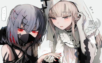 Rule 34 | ..., 2girls, @ @, adjusting hair, averting eyes, bare shoulders, black collar, blonde hair, breasts, collar, commentary request, dress, flying sweatdrops, frilled dress, frills, gloves, grey hair, hand up, hikami meruru, holding hands, hood, hood down, inamori ryusa, leaning forward, long hair, long sleeves, looking at another, looking down, mahou shoujo no majo saiban, mask, mouth mask, multiple girls, nail polish, open mouth, priestess, red eyes, red nails, shito alisa, short hair, simple background, spoken ellipsis, sweatdrop, upper body, veil, white dress, white gloves, white veil