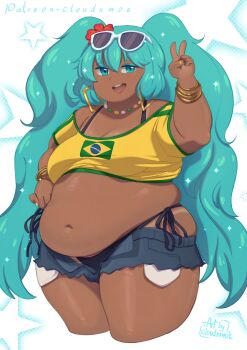 1girl absurdres alternate_body_size aqua_eyes aqua_hair artist_name bangle bikini black_bikini bracelet brazilian_flag brazilian_flag_print brazilian_miku breasts cloudxmoe cowboy_shot crop_top cropped_legs dark_skin earrings english_text exposed_pocket eyewear_on_head fat fat_woman flag_print flower green_nails green_shirt hair_between_eyes hair_flower hair_ornament hatsune_miku highres jewelry large_breasts long_hair looking_at_viewer navel necklace open_mouth patreon_username pocket shirt short_shorts short_sleeves shorts side-tie_bikini_bottom solo star_(symbol) star_symbol_background sunglasses swimsuit tan tanline teeth thick_thighs thighs twintails upper_teeth_only v vocaloid yellow_nails yellow_shirt