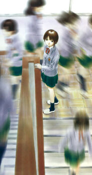 6+girls abe_yoshitoshi artist_request blazer brown_eyes brown_hair crowd hair_ornament iwakura_lain jacket looking_at_viewer looking_up motion_blur moving_background multiple_girls red_ribbon ribbon school school_uniform serial_experiments_lain short_hair stairs stairwell standing traditional_media