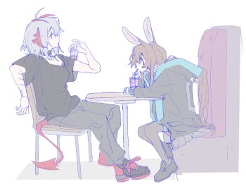 2girls amiya_(arknights) arknights black_jacket black_pants black_pantyhose black_shoes brown_hair chair cup drink drinking_glass drinking_straw grey_hair hamha_s holding holding_drink jacket jewelry long_hair long_sleeves looking_at_another multicolored_hair multiple_girls multiple_rings on_chair pants pantyhose profile red_hair red_tail ring scar scar_on_arm shirt shoes short_hair short_sleeves simple_background sitting streaked_hair t-shirt table tail w_(arknights) white_background