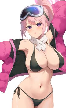 Rule 34 | 1girl, absurdres, armpits, arms up, bikini, black bikini, blue archive, blush, breasts, cleavage, coat, eimi (blue archive), eimi (swimsuit) (blue archive), geran (rpfks18315), goggles, goggles on head, halo, highres, large breasts, navel, open clothes, open coat, open mouth, pink coat, pink hair, ponytail, puffy coat, purple eyes, scarf, side-tie bikini bottom, ski goggles, solo, standing, swimsuit, white background, white scarf