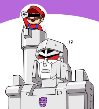 2boys brown_hair facial_hair gloves grin hasbro hat highres joints mario mario_(series) megatron multiple_boys mustache nintendo open_mouth overalls red_eyes robot robot_joints smile surprised sweat transformers transformers:_generation_1