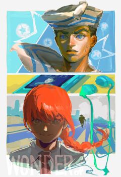 1boy 1girl black_hair black_necktie blue_eyes braid braided_ponytail chainsaw_man closed_mouth crossover digital_media_player dixie_cup_hat earphones elvis_presley hat higashikata_josuke_(jojolion) highres jojo_no_kimyou_na_bouken jojolion long_hair makima_(chainsaw_man) military_hat necktie red_hair ringed_eyes sailor sailor_hat shirt short_hair smile stand_(jojo) star_(symbol) uu0000322 very_short_hair white_shirt wonder_of_u yellow_eyes