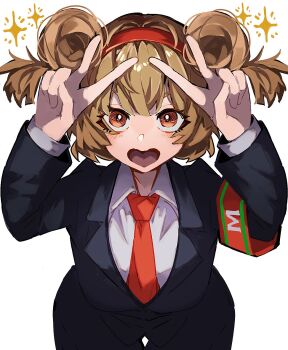 Rule 34 | alternate hairstyle, armband, black jacket, black pants, brown eyes, brown hair, collared shirt, double bun, hair bun, hairband, heart-shaped mouth, highres, jacket, lobotomy corporation, long sleeves, looking at viewer, malkuth (project moon), nakame77, necktie, open mouth, pants, project moon, red armband, red hairband, red necktie, shirt, short hair, short twintails, simple background, solo, standing, twintails, upper body, v, white background, white shirt