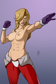 1girl abs blonde_hair blue_eyes breasts clothes_around_waist f-zero f-zero_gx female_focus gloves hair_over_one_eye large_breasts long_hair mrs._arrow mx._moz navel nintendo nipples pilot_suit solo toned toned_female topless_female