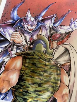 Rule 34 | 3boys, biceps, demon, highres, justiceman (kinnikuman), kinniku ataru, kinnikuman, kinnikuman soldier, large pectorals, looking at viewer, manly, mask, multiple boys, muscular, official art, pectorals, satan (kinnikuman), wrestling outfit