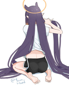 Rule 34 | ass, barefoot, black shorts, commentary, english commentary, facing away, feet, grabbing own hair, halo, highres, holding, holding own hair, hololive, hololive english, long hair, ninomae ina'nis, ninomae ina'nis (loungewear), pointy ears, purple hair, shirt, shorts, sitting, soles, t-shirt, toes, twitter username, very long hair, virtual youtuber, wariza, white background, white shirt, younhand