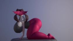 1girl 3d :d all_fours animated ass ass_focus black_footwear blush bow breasts brown_hair bursting_breasts cameltoe cleavage curvy dress eyebrows female_focus forehead grey_dress gym_leader hair_bow hair_strand hanging_breasts highres huge_ass huge_breasts long_hair nintendo open_mouth panties panties_under_pantyhose pantyhose pink_bow pink_eyes pink_neckwear pink_pantyhose pokemon pokemon_oras roxanne_(pokemon) short_sleeves smile solo thick_thighs thighs tongue tongue_out twintails underwear usukeninja video wide_hips