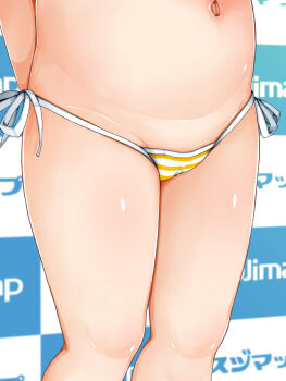 1girl bikini blush cameltoe fat_mons head_out_of_frame highres kindandowa loli micro_bikini model navel plump shiny_skin side-tie_bikini_bottom striped_clothes swimsuit tagme