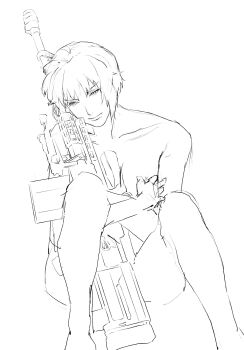 1girl aizheajsee anti-materiel_rifle convenient_censoring ghost_in_the_shell greyscale gun highres holding holding_gun holding_weapon kusanagi_motoko medium_hair monochrome nude rifle scope sitting sniper_rifle solo topless_female weapon weapon_request