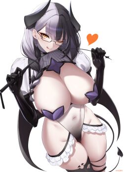 1girl ;p absurdres black_gloves black_hair black_thighhighs breasts commentary cosplay covered_navel elbow_gloves frilled_leotard frills glasses gloves grey_hair highleg highleg_leotard highres holding holding_whip hololive hololive_english huge_breasts leotard long_hair looking_at_viewer magia_baiser magia_baiser_(cosplay) mahou_shoujo_ni_akogarete mintz912 multicolored_hair one_eye_closed pasties see-through_clothes see-through_leotard semi-rimless_eyewear shiori_novella shrug_(clothing) single_thighhigh solo split-color_hair symbol-only_commentary thighhighs tongue tongue_out under-rim_eyewear virtual_youtuber white_leotard white_shrug yellow_eyes