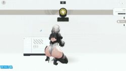 1girl 2b_(nier:automata) animated ass ass_shake assault_rifle bayonet blue_electricity breasts cleavage cleavage_cutout clothing_cutout crossover electricity energy firing bad_tag gameplay_mechanics goddess_of_victory:_nikke gun highleg highleg_leotard huge_ass large_breasts leotard nier_(series) pod_(nier:automata) rifle screencap shooting_range sound sword tagme thighhighs video weapon white_hair wide_hips