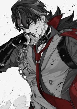 Rule 34 | 1boy, aice alice ice, bandages, black hair, blood, blood on face, closed mouth, commentary request, earrings, fingerless gloves, genshin impact, gloves, greyscale, hair between eyes, highres, jewelry, male focus, monochrome, multicolored hair, necktie, partially colored, red necktie, scar, scar on neck, short hair, simple background, solo, streaked hair, upper body, white background, wriothesley (genshin impact)